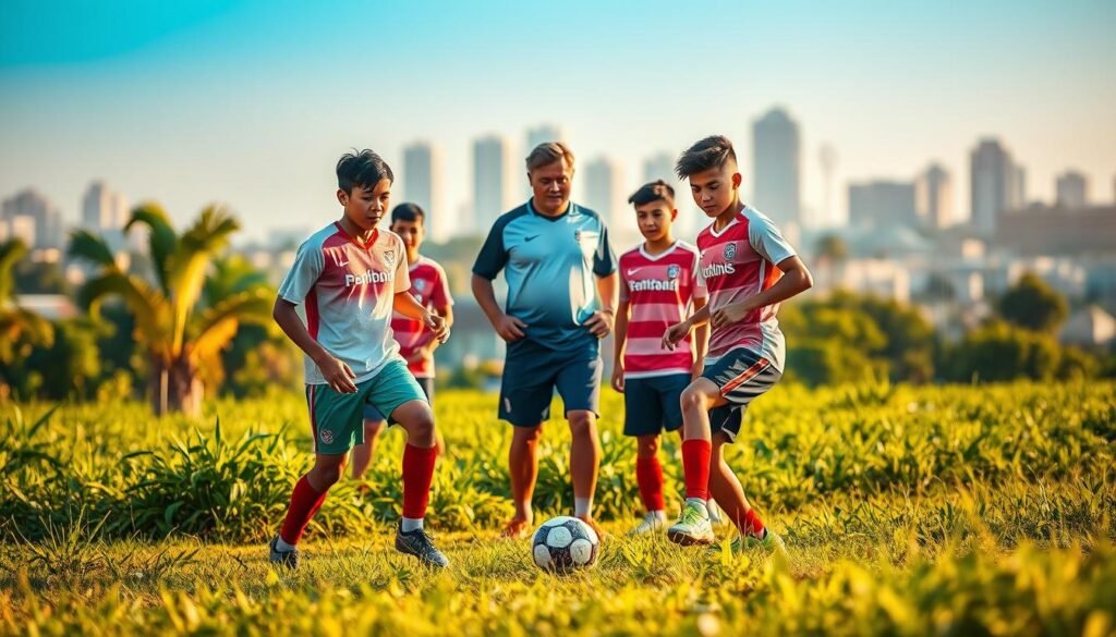 A diverse group of young individuals, representing the next generation of Indonesian footballers, standing confidently amidst a lush, verdant landscape. The scene is illuminated by warm, golden sunlight, casting a sense of optimism and opportunity. In the foreground, three players, each with unique physical attributes and skill sets, are engaged in a dynamic soccer drill, showcasing their athleticism and technical abilities. In the middle ground, a coach observes their progress, offering guidance and encouragement. The background features a blurred, yet recognizable cityscape, symbolizing the integration of these naturalized players into the national team and their potential to elevate the country's football aspirations. The overall atmosphere conveys a sense of unity, progression, and the promise of a brighter future for Indonesian football. A diverse group of young individuals, representing the next generation of Indonesian footballers, standing confidently amidst a lush, verdant landscape. The scene is illuminated by warm, golden sunlight, casting a sense of optimism and opportunity. In the foreground, three players, each with unique physical attributes and skill sets, are engaged in a dynamic soccer drill, showcasing their athleticism and technical abilities. In the middle ground, a coach observes their progress, offering guidance and encouragement. The background features a blurred, yet recognizable cityscape, symbolizing the integration of these naturalized players into the national team and their potential to elevate the country's football aspirations. The overall atmosphere conveys a sense of unity, progression, and the promise of a brighter future for Indonesian football.