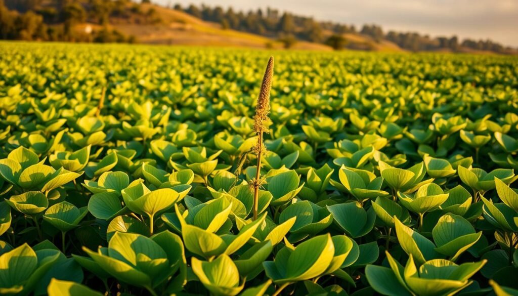 A lush, verdant field of loncatan plants stretches out before the viewer, bathed in warm, golden afternoon light. The broad, paddle-shaped leaves sway gently in a light breeze, their deep green hues punctuated by the occasional splash of vibrant yellow flowers. In the middle ground, a lone loncatan plant stands tall, its thick, sturdy stalk rising up from the earth. The background is filled with a hazy, out-of-focus landscape, hinting at rolling hills and distant forests. The overall scene evokes a sense of tranquility and natural abundance, perfectly capturing the essence of the "Rencana Bertahap Menuju 2026" section of the article. A lush, verdant field of loncatan plants stretches out before the viewer, bathed in warm, golden afternoon light. The broad, paddle-shaped leaves sway gently in a light breeze, their deep green hues punctuated by the occasional splash of vibrant yellow flowers. In the middle ground, a lone loncatan plant stands tall, its thick, sturdy stalk rising up from the earth. The background is filled with a hazy, out-of-focus landscape, hinting at rolling hills and distant forests. The overall scene evokes a sense of tranquility and natural abundance, perfectly capturing the essence of the "Rencana Bertahap Menuju 2026" section of the article.
