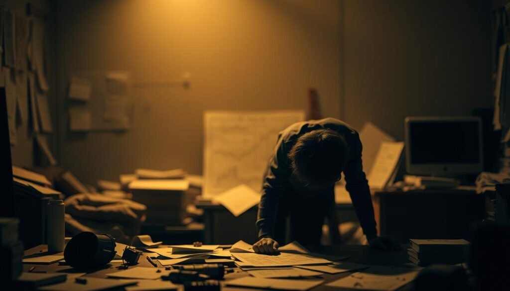 A thoughtful, introspective evaluation of a process leading to failure. A dimly lit workspace, with scattered notes, diagrams, and discarded ideas strewn about. In the foreground, a solitary figure hunched over a desk, deep in concentration, casting a pensive shadow. Soft, amber lighting casts a somber, reflective tone, as the person examines past missteps and searches for insights to move forward. The background is blurred, creating a sense of isolation, allowing the focus to remain on the contemplative analysis of the failure process. Subtle, muted colors evoke a mood of serious self-examination, rather than despair or frustration. A thoughtful, introspective evaluation of a process leading to failure. A dimly lit workspace, with scattered notes, diagrams, and discarded ideas strewn about. In the foreground, a solitary figure hunched over a desk, deep in concentration, casting a pensive shadow. Soft, amber lighting casts a somber, reflective tone, as the person examines past missteps and searches for insights to move forward. The background is blurred, creating a sense of isolation, allowing the focus to remain on the contemplative analysis of the failure process. Subtle, muted colors evoke a mood of serious self-examination, rather than despair or frustration.
