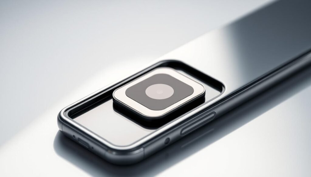 A flexible organic camera sensor nestled within a minimalist smartphone body, bathed in soft, directional lighting. The sensor's delicate curves and matte finish contrast with the sleek, metallic chassis. The camera lens protrudes slightly, hinting at its advanced capabilities. The scene exudes a sense of innovation and technological sophistication, inviting the viewer to imagine the possibilities of this cutting-edge imaging solution.