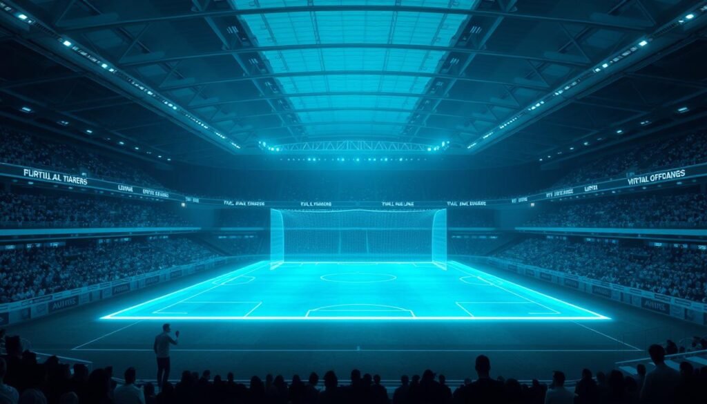 A vast, futuristic stadium with a holographic, semi-transparent playing field suspended in mid-air. Sleek, angular architecture in steel and glass, bathed in a cool, blue-tinted lighting. Spectators are obscured, their presence hinted at by faint silhouettes. The focus is on the virtual offside line, a shimmering, semi-visible barrier that appears and disappears dynamically, tracking the movement of players. The overall atmosphere conveys a sense of advanced technology, precision, and a subtle tension as the virtual offside system is put to the test.