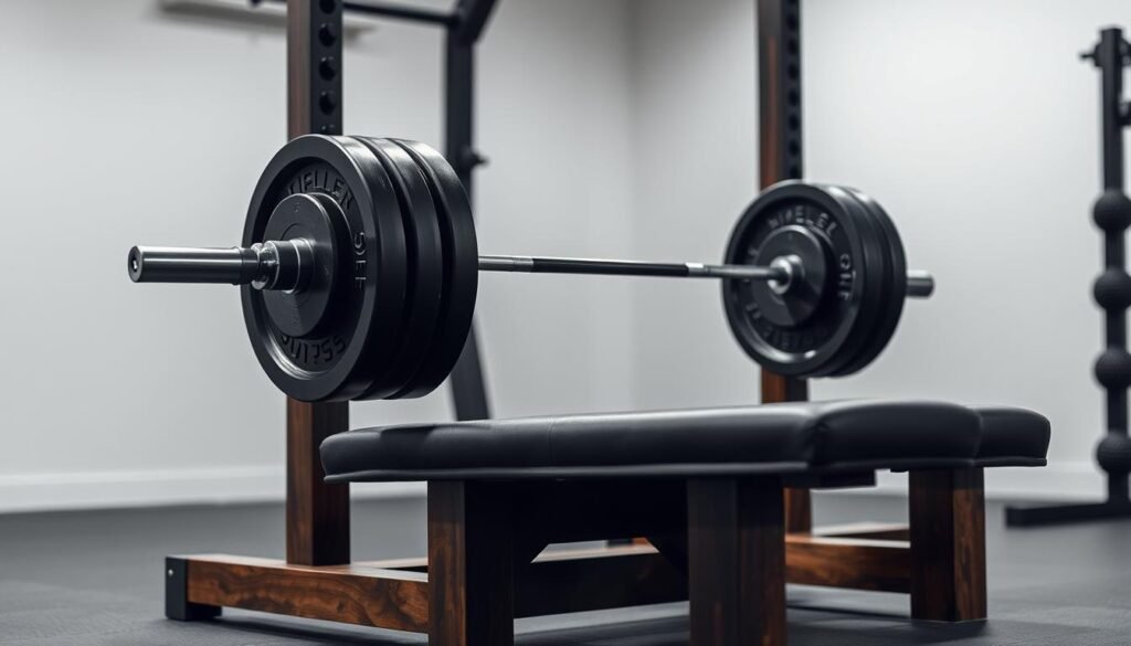 A well-lit, high-quality photograph of a sturdy, modern bench press setup in a clean, minimalist gym environment. The bench is made of solid, dark-stained wood with a thick, padded leather surface. A barbell loaded with weight plates rests on the bench, ready for use. The scene is captured from a low angle, emphasizing the weight training equipment. The lighting is soft and even, creating shadows that highlight the sculpted lines of the bench and barbell. The background is blurred, keeping the focus on the central training equipment. An atmosphere of focus, discipline, and performance permeates the scene.