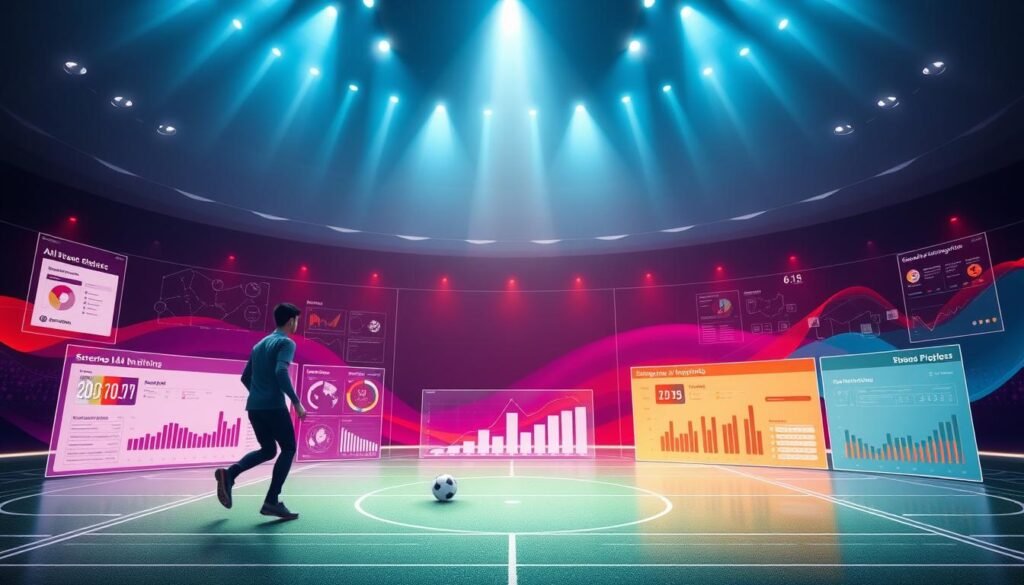 Elegant data architecture blueprints for U-15 football talent monitoring, showcasing cutting-edge AI analytics dashboards within a collaborative, forward-looking environment. Sleek, minimalist design with vibrant colors and dynamic shapes, conveying a sense of precision, innovation, and collective determination. Seamless integration of data visualization tools, training programs, and process workflows, all united by the shared spirit of nurturing the next generation of Indonesian football stars. Captured through a wide-angle lens with dramatic lighting, the image exudes a palpable energy and optimism for the future of the sport.