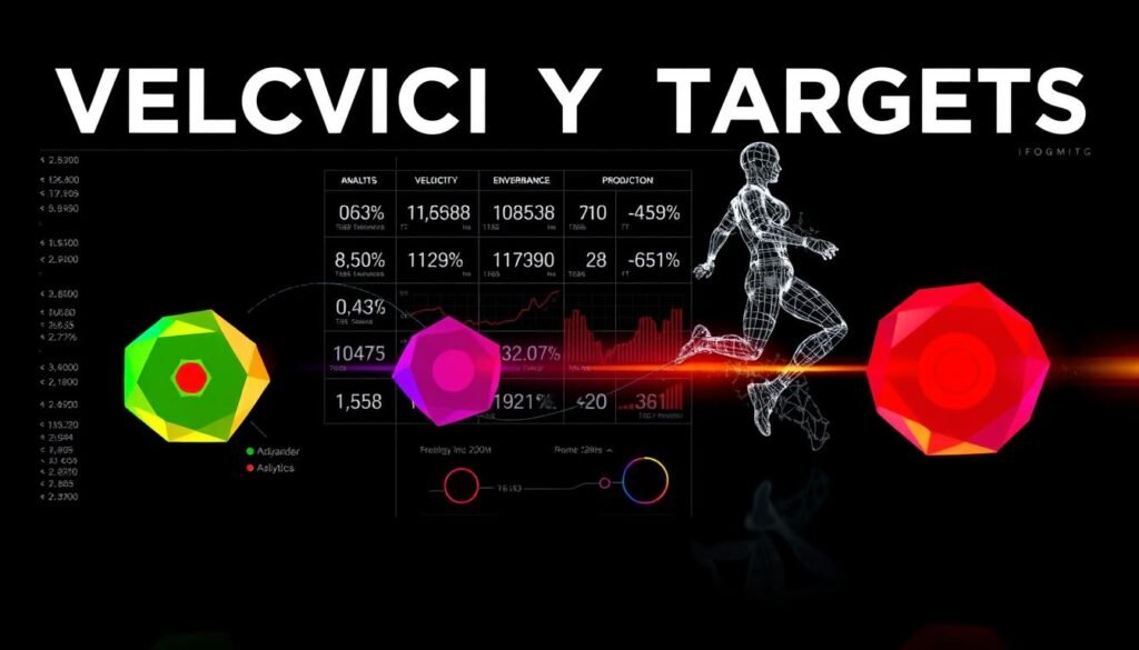 High-contrast, data-driven infographic depicting velocity targets, with a dynamic, futuristic aesthetic. In the foreground, vibrant color-coded velocity metrics, represented as polygonal shapes, float against a stark monochrome background. In the middle ground, a grid of numerical data points and analytics visualizations, conveying the underlying performance statistics. In the background, a three-dimensional wireframe model of a human figure, subtly hinting at the connection between the data and athletic movement. The lighting is crisp and directional, creating a sense of depth and technical precision. The overall tone is one of precision, analysis, and the marriage of human and artificial intelligence in the pursuit of optimized athletic performance.