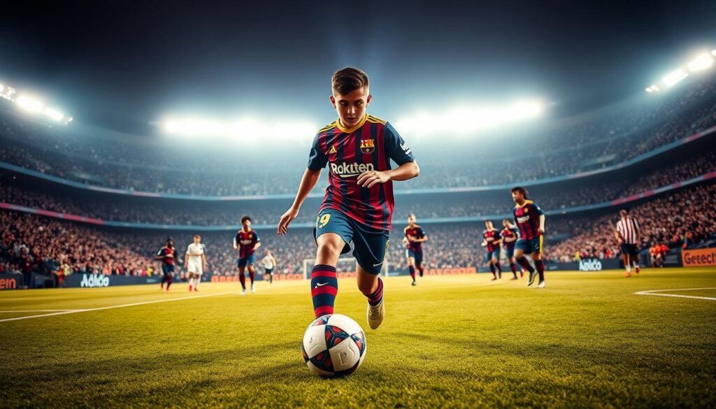 A dynamic scene featuring Lamine Yamal, the Barcelona wonderkid, on a vibrant football pitch. In the foreground, Lamine, an energetic young athlete with a determined expression, is dribbling a football, showcasing his impressive skills. He is dressed in the iconic Barcelona jersey, complete with shorts and cleats, capturing the essence of youthful ambition. In the middle ground, teammates and opponents are following the action, creating a sense of teamwork and competition. The background reveals a packed stadium filled with cheering fans, under bright floodlights that illuminate the intense atmosphere. The overall mood is exhilarating and hopeful, embodying the spirit of a rising star destined for greatness. The angle captures a low perspective as if the viewer is part of the match, enhancing the dynamic action.