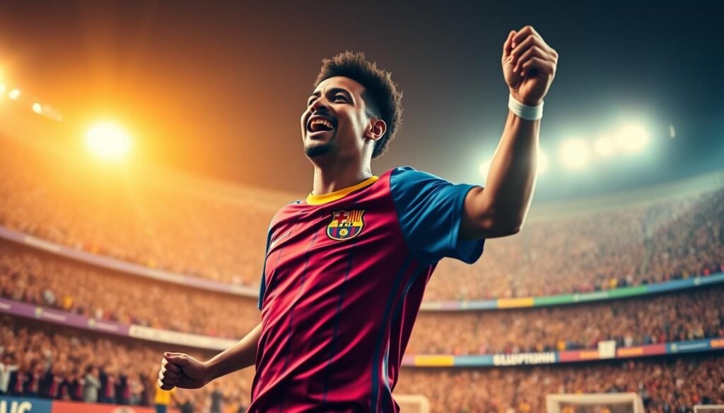 A vibrant and dynamic depiction of Raphinha celebrating a goal for FC Barcelona, showcasing his dramatic resurgence on the field. In the foreground, capture Raphinha in a striking pose, wearing the classic Barcelona jersey, with a look of determination and joy on his face. In the middle ground, a cheering crowd of fans in the iconic Blaugrana colors adds to the energy of the scene. The background features the Camp Nou stadium illuminated in warm, golden lighting, enhancing the atmosphere of triumph and excitement. Use a slightly low angle to emphasize Raphinha's athleticism and the scale of the stadium. The overall mood should be electric, filled with hope and potential as he reminds viewers of his journey and impact in football.