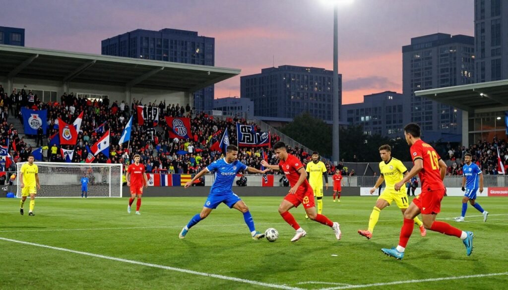 A dynamic soccer match scene depicting teams in vibrant uniforms competing in a high-stakes home-and-away league format. In the foreground, players are intensely focused, displaying determination and teamwork, as they exchange a pass near the goal area. The middle ground showcases an enthusiastic crowd in a stadium, waving flags and banners for their respective teams. The background features a vibrant city skyline at dusk, with stadium lights illuminating the field, creating a dramatic atmosphere. The composition is captured with a slightly low-angle shot to emphasize the players' intensity and the stadium's grandeur. Soft but dynamic lighting enhances the suspenseful mood of a crucial league match, immersing viewers in the thrill of sports competition.